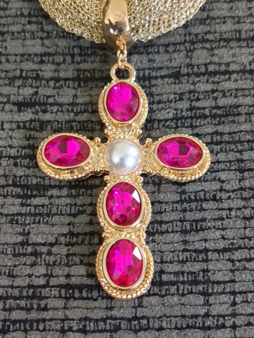 Pearl Center Oval Pink Stone Cross Pendant Statement Necklace